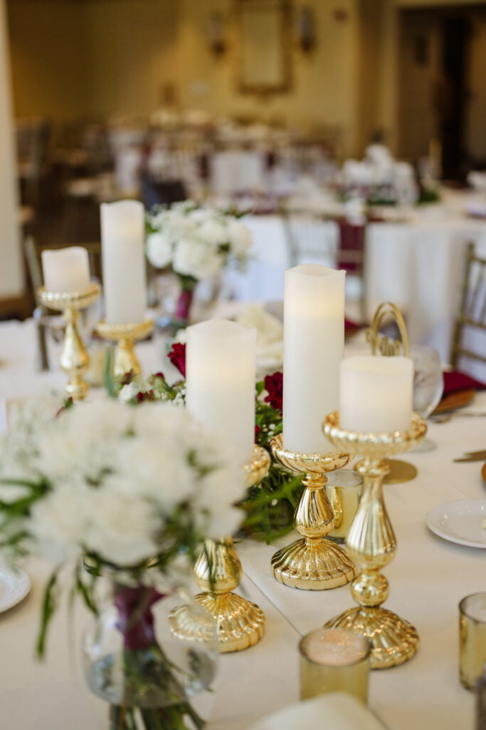 Flameless Pillar Candles & Gold Risers - Valley Brook Country Club