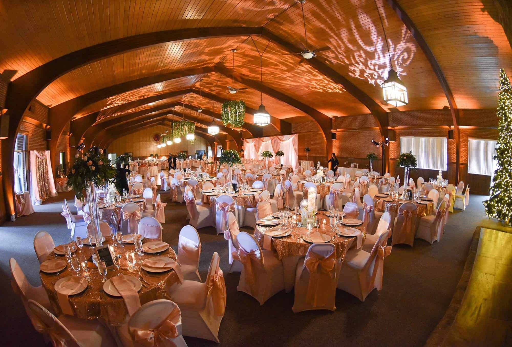 Elegant wall pattern projection and texture lighting by ILLUME for a wedding reception at Laube Hall in Freeport, PA.